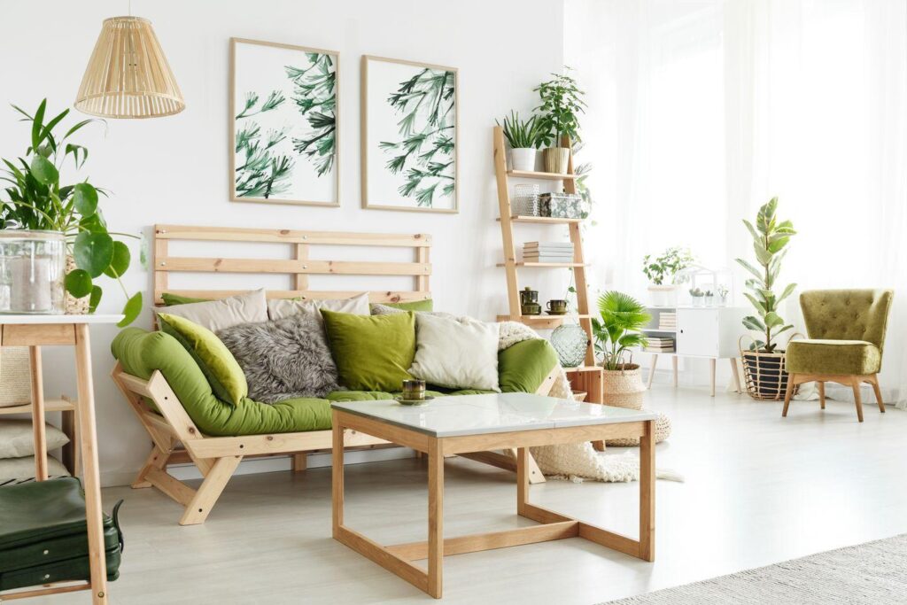 Salone con mobili in legno naturale, decorato con piante da interni